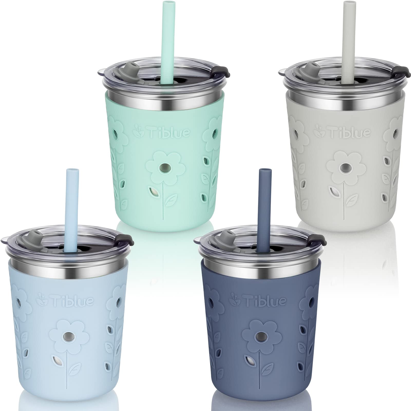 Tiblue 4-Pack 8oz Stainless Steel Kids & Toddler Cups - Spill Proof, Leak Proof Lids with Silicone Straw, Stopper & Sleeve - BPA Free Baby Drinking Cups for Girls & Boys - Perfect for Smoothies, Snacks, Daycare, Travel & Home Use