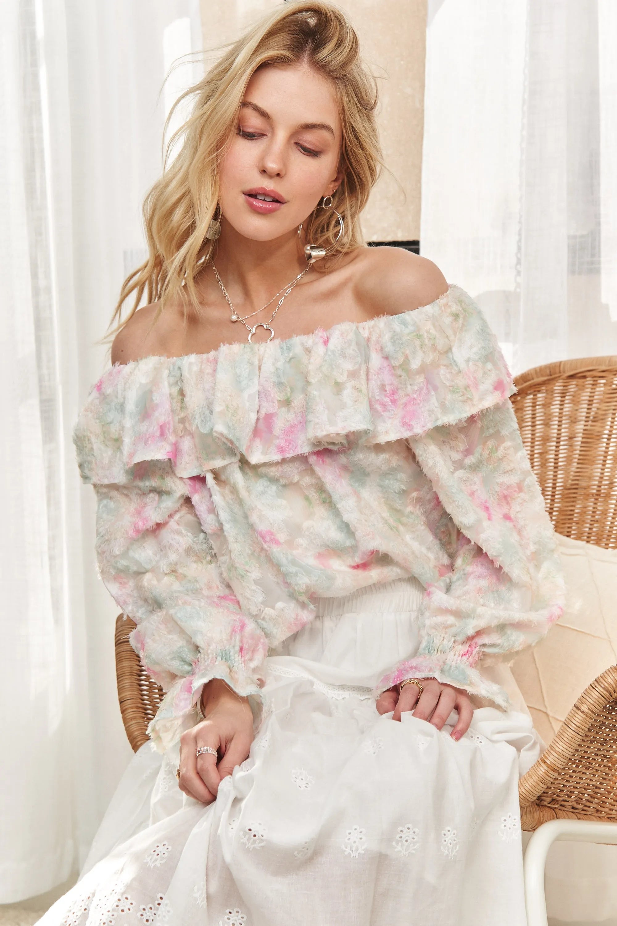 Elegant Ruffled Off Shoulder Floral Blouse for Women - Summer Boho Chic Top - Perfect for Date Night, Beach Vacations & Outdoor Parties