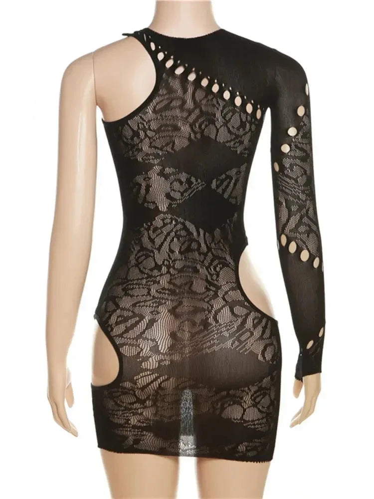 Asymmetrical Black Cut Out Dress for Women - Sexy One Sleeve See Through Knit Mesh Mini Club Dress | Perfect for Night Out, Party, and Summer 2023 Fashion