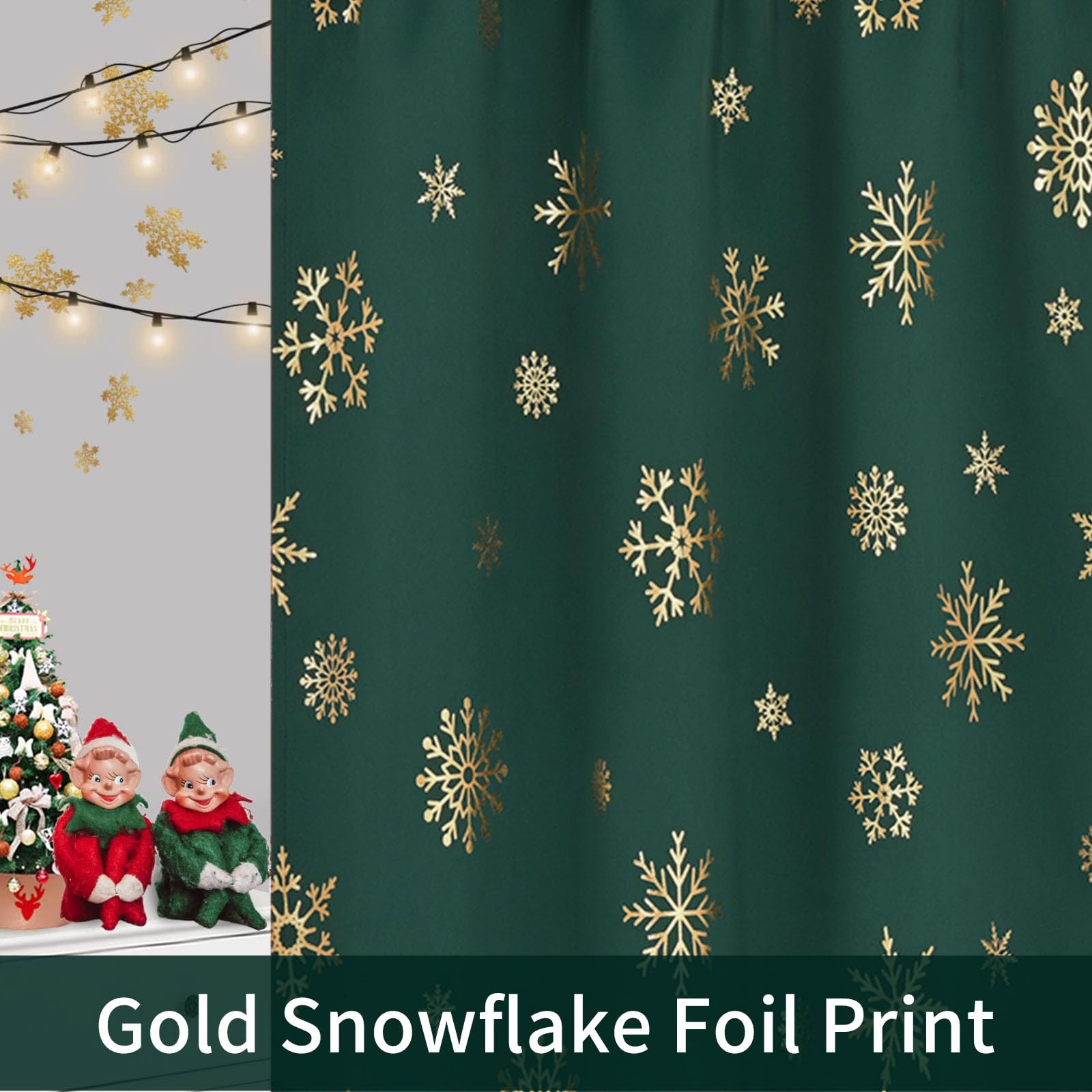 FRAMICS Gold Snowflake Foil Print Christmas Tier Curtains - 36 Inch Length Green Kitchen Curtains with Rod Pocket, 26