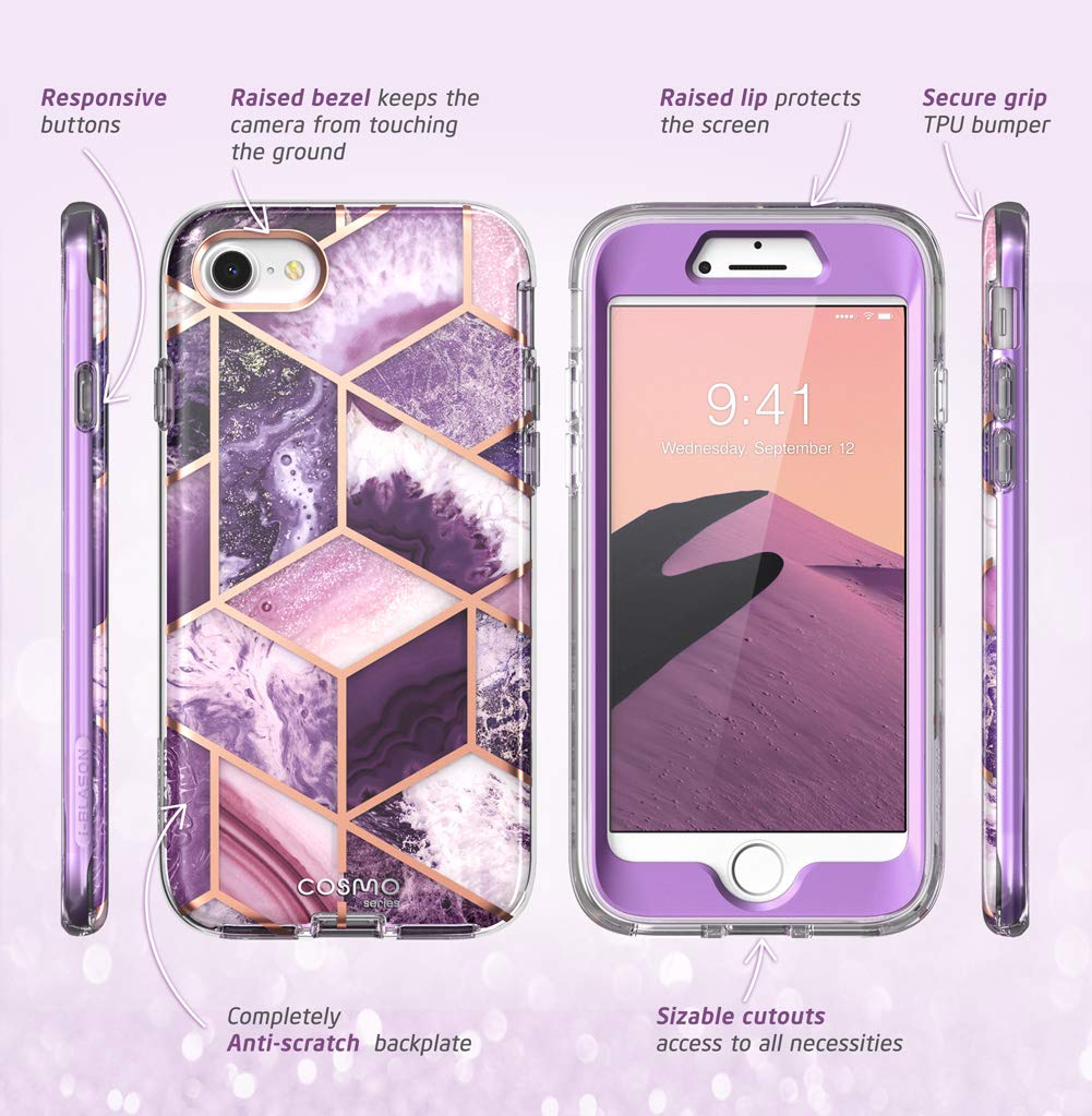i-Blason Cosmo Series Case for iPhone SE 2022/SE 2020/iPhone 7/8 - Shockproof Protective Bumper Cover with Built-in Screen Protector | Amethyst Purple | Perfect for Daily Use, Travel & Outdoor Activities