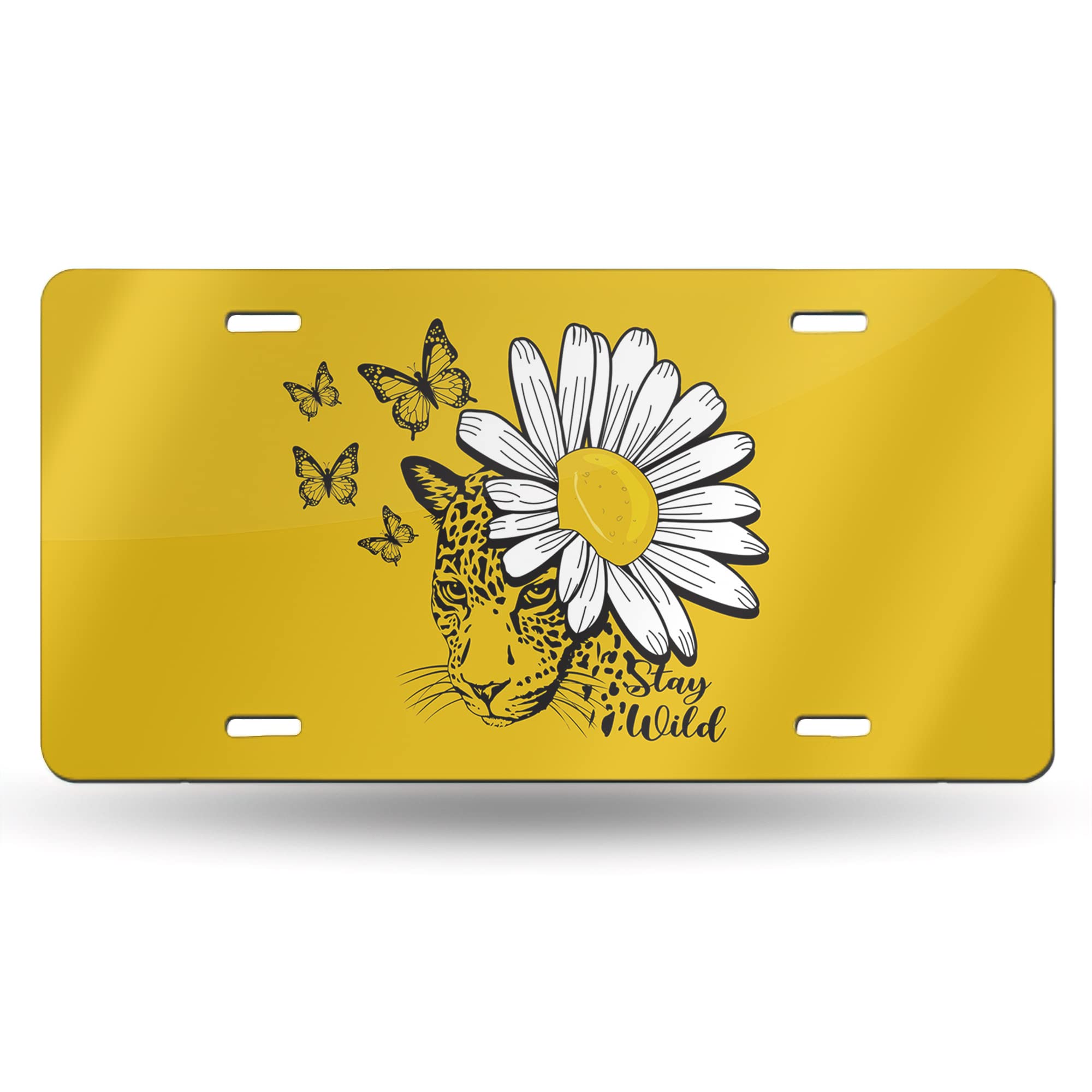Butterfly Daisy Leopard Novelty License Plate - Decorative 6x12 Inch Aluminum Vanity Tag for Cars, Trucks & SUVs - Stay Wild Design for Women, Men, Boys & Girls - Perfect for Customizing Vehicles, Gifts & Car Enthusiasts