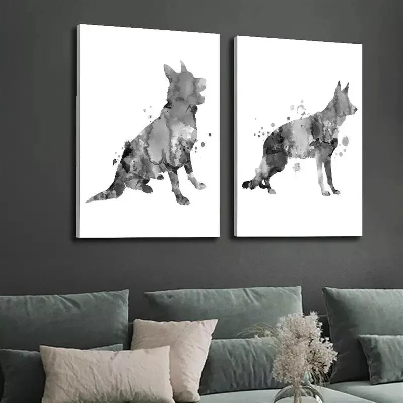 2pcs Black and White Ink Shepherd Dog Canvas Wall Art - 50x75cm Framed High Quality Print - 100% Australian Made - Ready to Hang - Perfect for Living Room, Bedroom, Office Decor