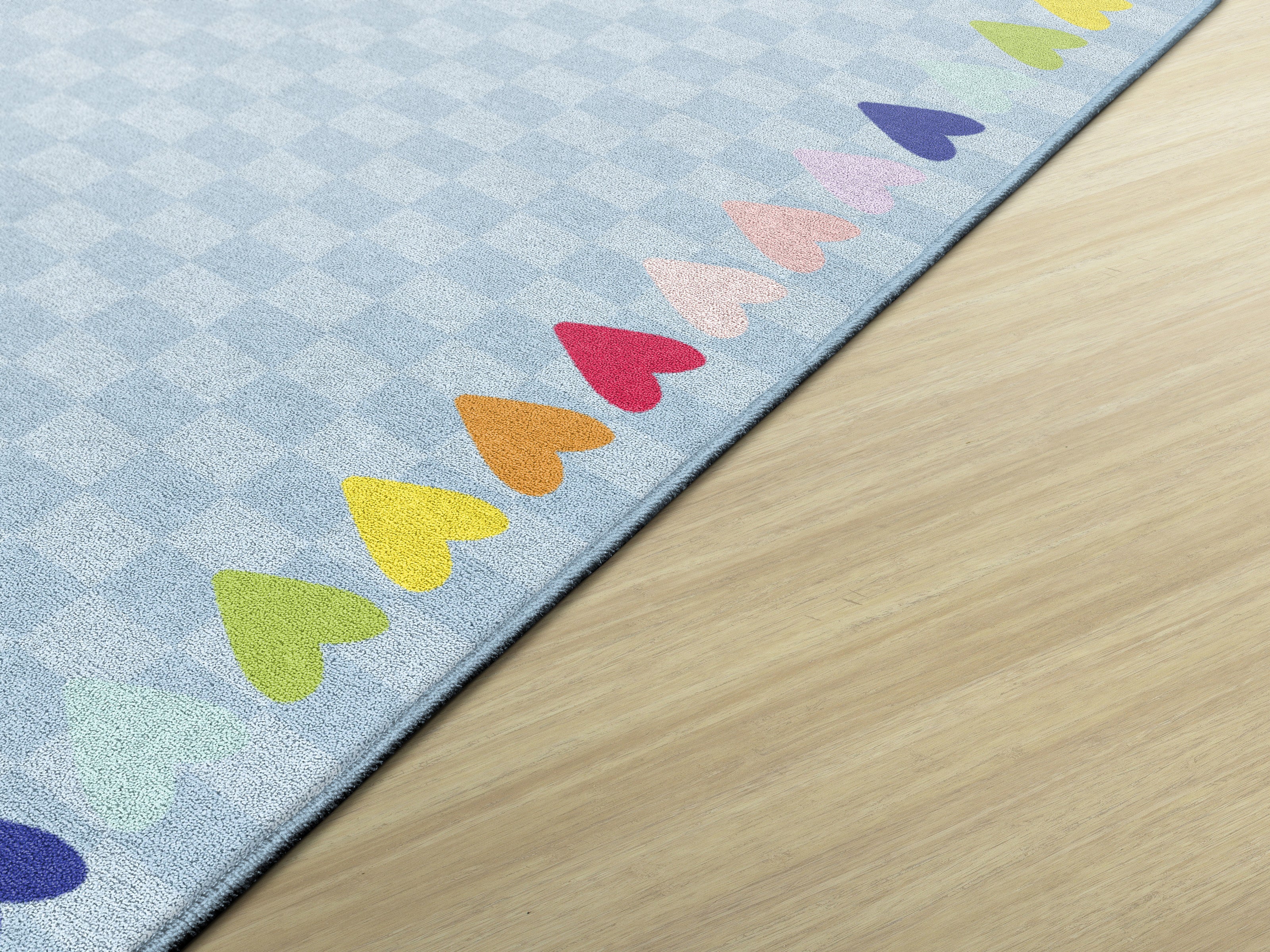 Blue with Rainbow Hearts Border Rug - Soft Playroom & Classroom Mat for Kids - Perfect for Nursery, Daycare, and Home Decor