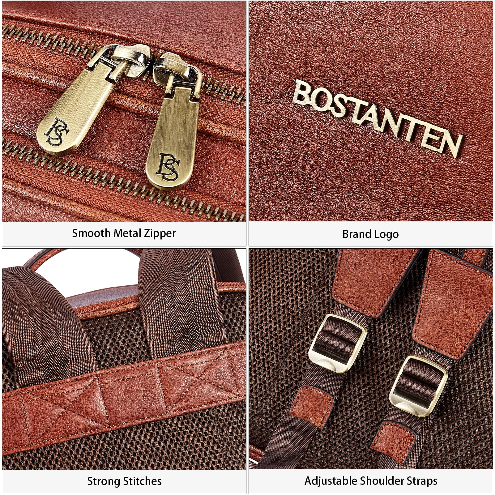 BOSTANTEN Genuine Leather Backpack for Men - 15.6 Inch Laptop Backpack with USB Charging Port, College Travel Business Backpack - Coffee Brown - Perfect for Work, School & Daily Commute