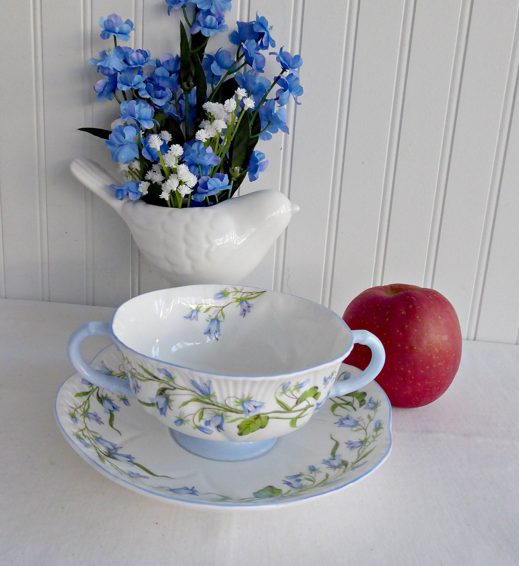 Vintage Shelley Dainty Harebell Cream Soup Cup and Saucer Set - Large Double Handle Tea Cup (1940s Antique English China) - Perfect for Afternoon Tea, Collectors Display, and Vintage Tableware Decor