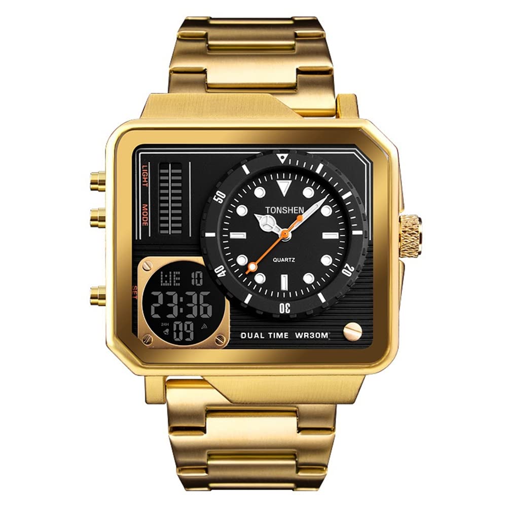 TONSHEN Men's Luxury Stainless Steel Digital Watch - Military Sports Analog Quartz LED with Dual Time, Stopwatch, Alarm & Backlight - Perfect for Outdoor, Casual & Business Wear