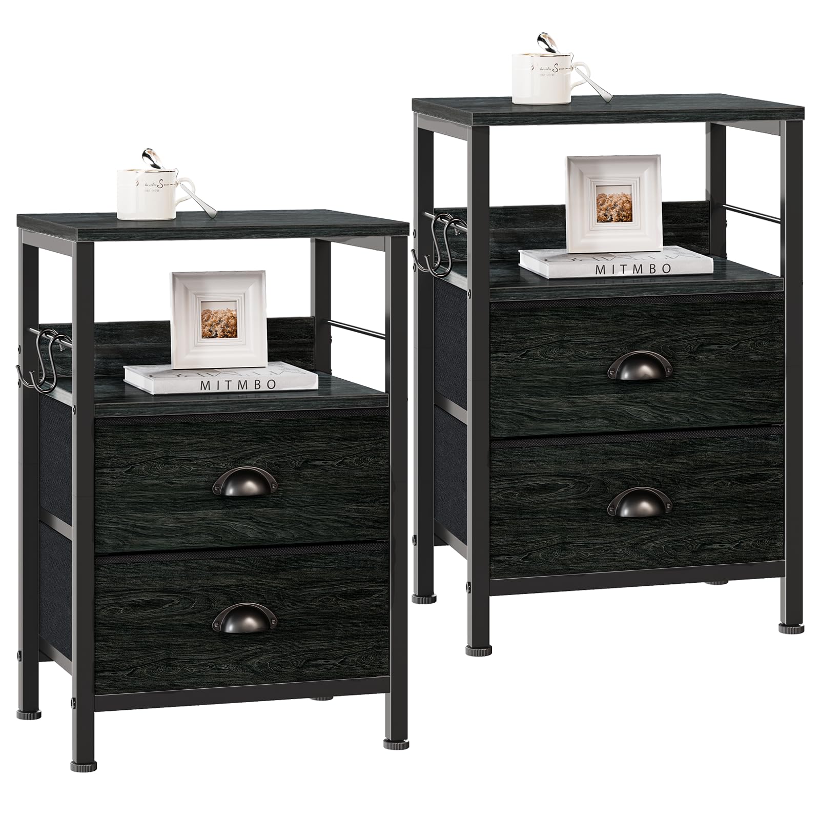 Furologee Nightstand Set of 2 - Modern End Tables with 2 Fabric Drawers, Bedside Tables with Hooks & Shelf - Black Oak Finish for Bedroom, Living Room, Study | Perfect for Small Spaces & Apartment Decor