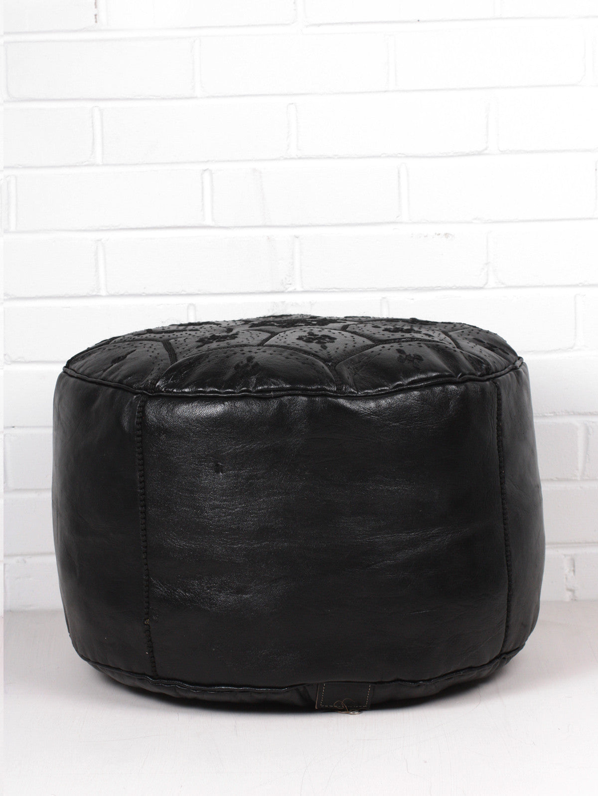 Handmade Moroccan Leather Tile Pouffe Ottoman - Black Leather Footstool for Living Room, Bedroom & Lounge Decor