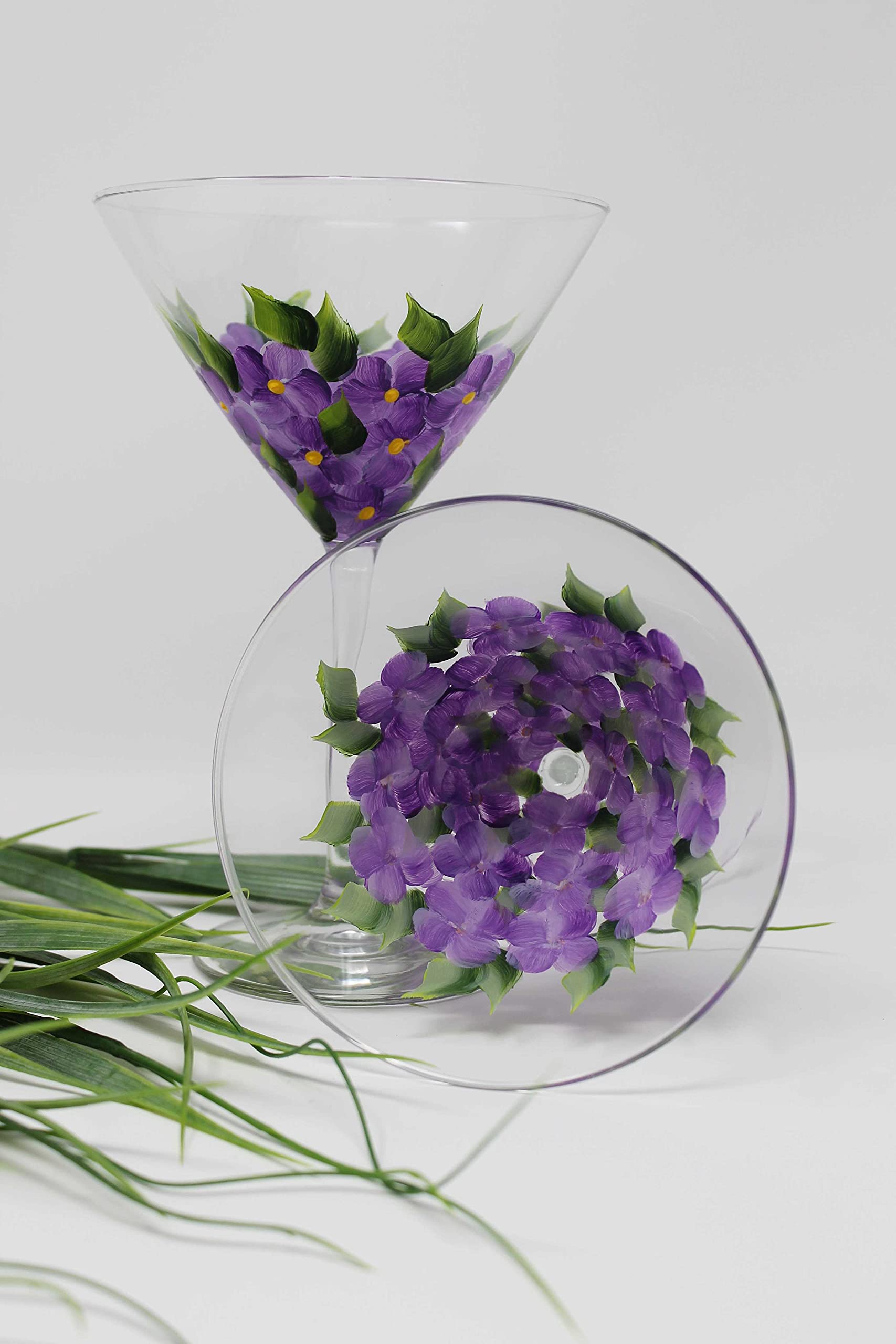 Hand Painted Martini Glasses - Violet Floral Design (Set of 2) for Cocktail Parties, Wedding Favors & Home Bar Decor