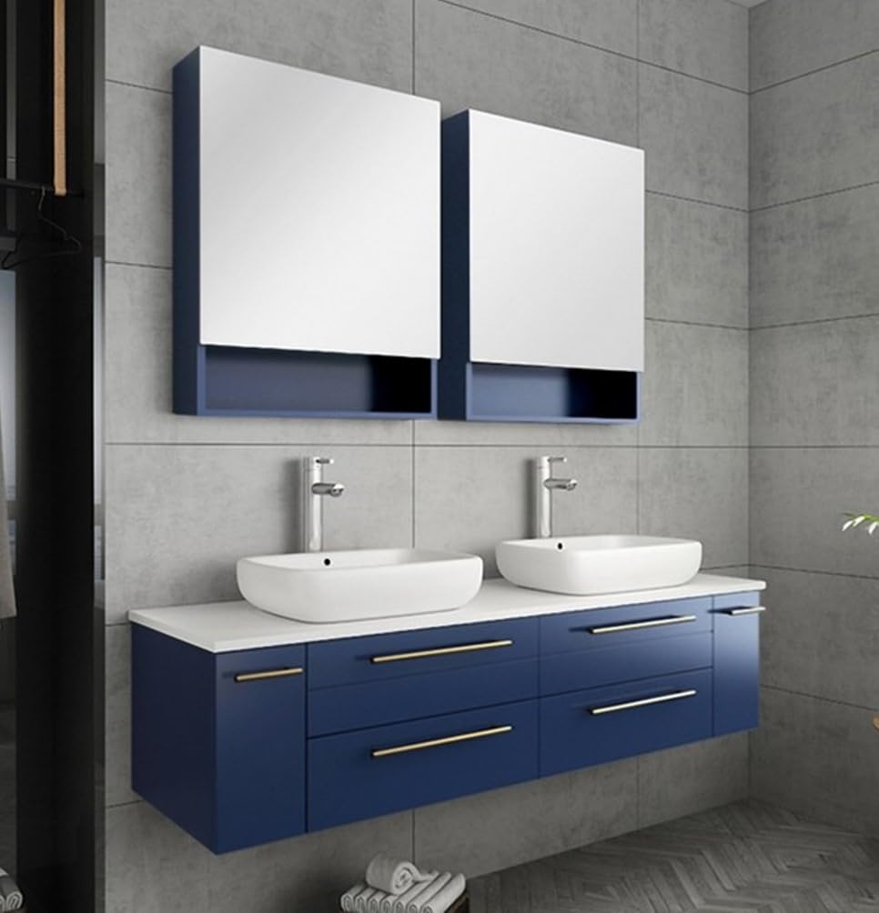 Fresca FVN6160RBL-VSL-D Lucera 60 Inch Blue Wall Mounted Double Vessel Sink Modern Bathroom Vanity with Medicine Cabinets, 4 Soft Close Drawers with DTC Rail System, 2 Soft Close Doors - Perfect for Contemporary Homes, Guest Bathrooms, and Luxury Master Suites