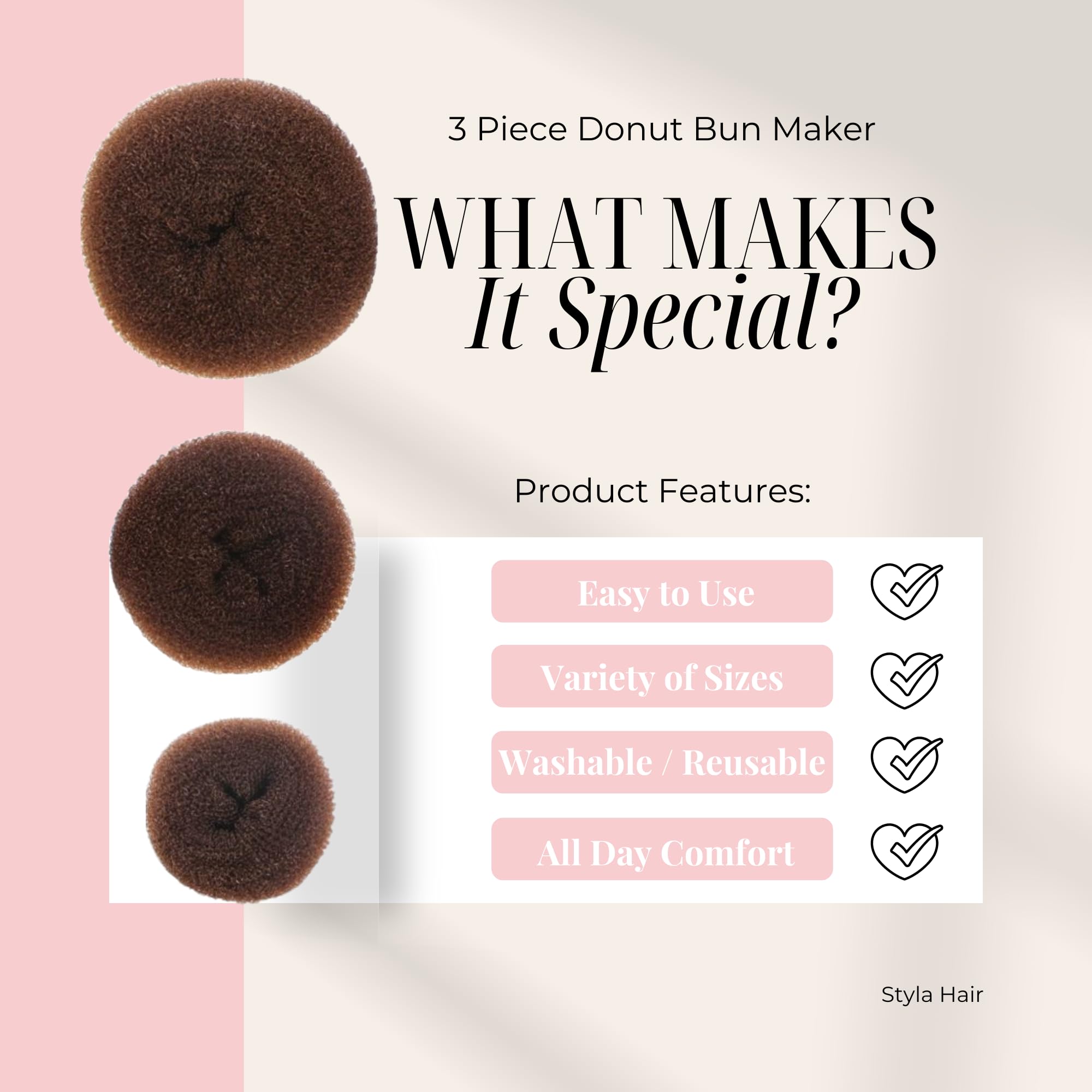 Styla Hair Donut Bun Maker for Kids - 3pc Brown Set | Easy Ballet & Sock Bun Maker | Perfect for Dance, School & Everyday Hairstyles