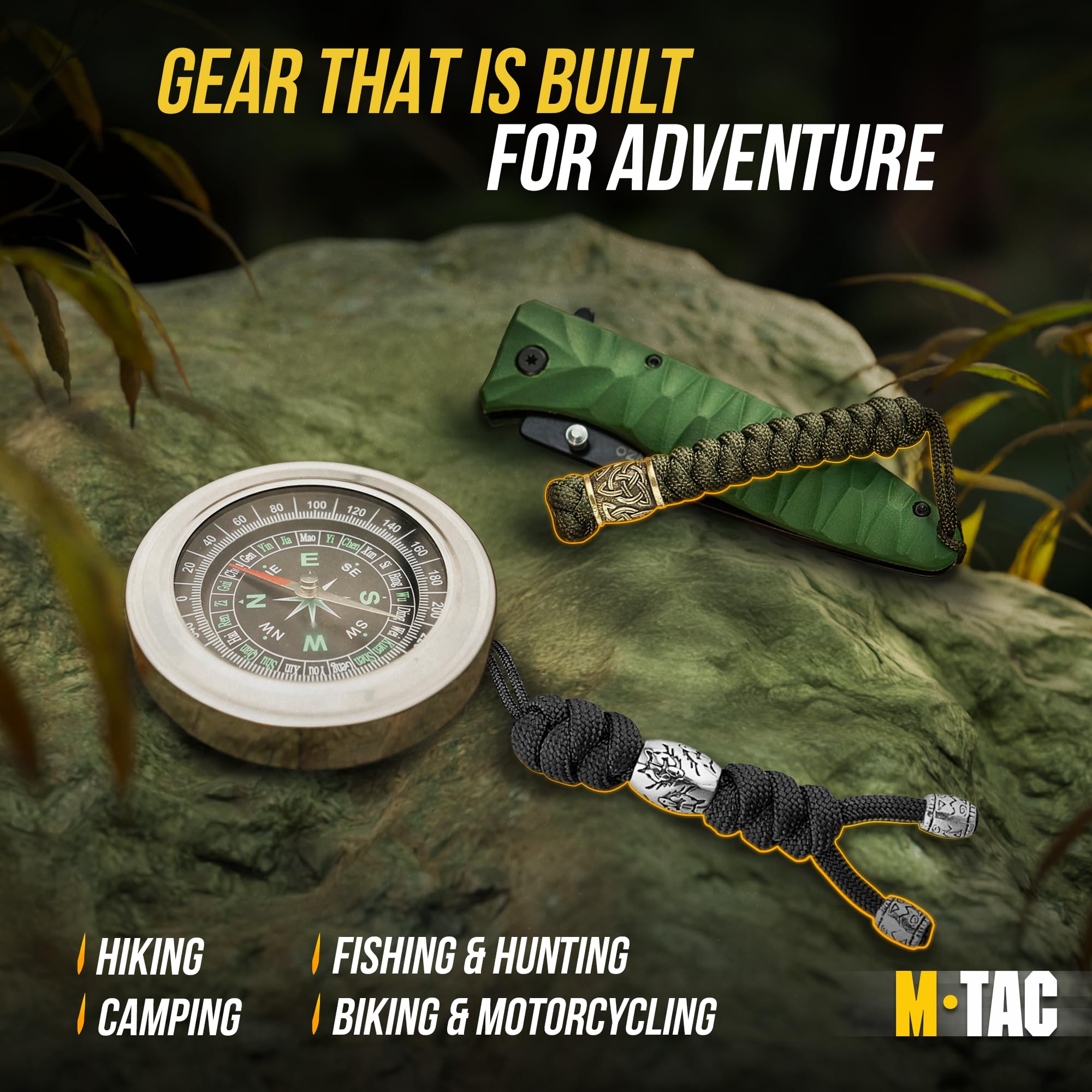 M-Tac Tactical Paracord Knife Lanyard with Beads - Zeus Stainless Steel Black - Survival Gear for Outdoor Camping, Hiking & EDC Accessories