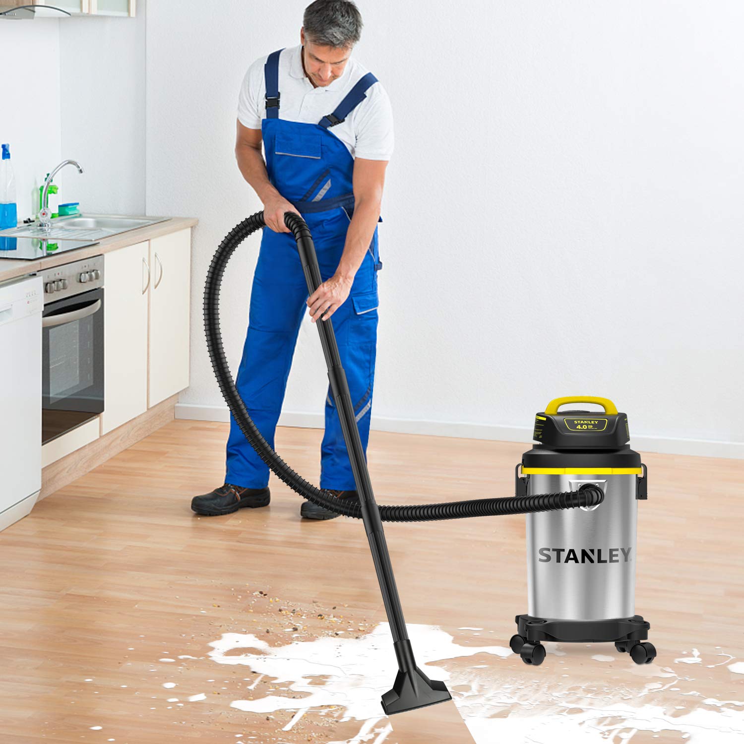 Stanley 4 Gallon Wet/Dry Vacuum Cleaner - 4 Peak HP Stainless Steel Shop Vac with Blower Function | Powerful 3-in-1 Design for Home, Garage, Car, Workshop & Pet Hair Cleaning | Durable Silver/Yellow/Black Design for Heavy-Duty Use in Construction, DIY Projects & Auto Detailing