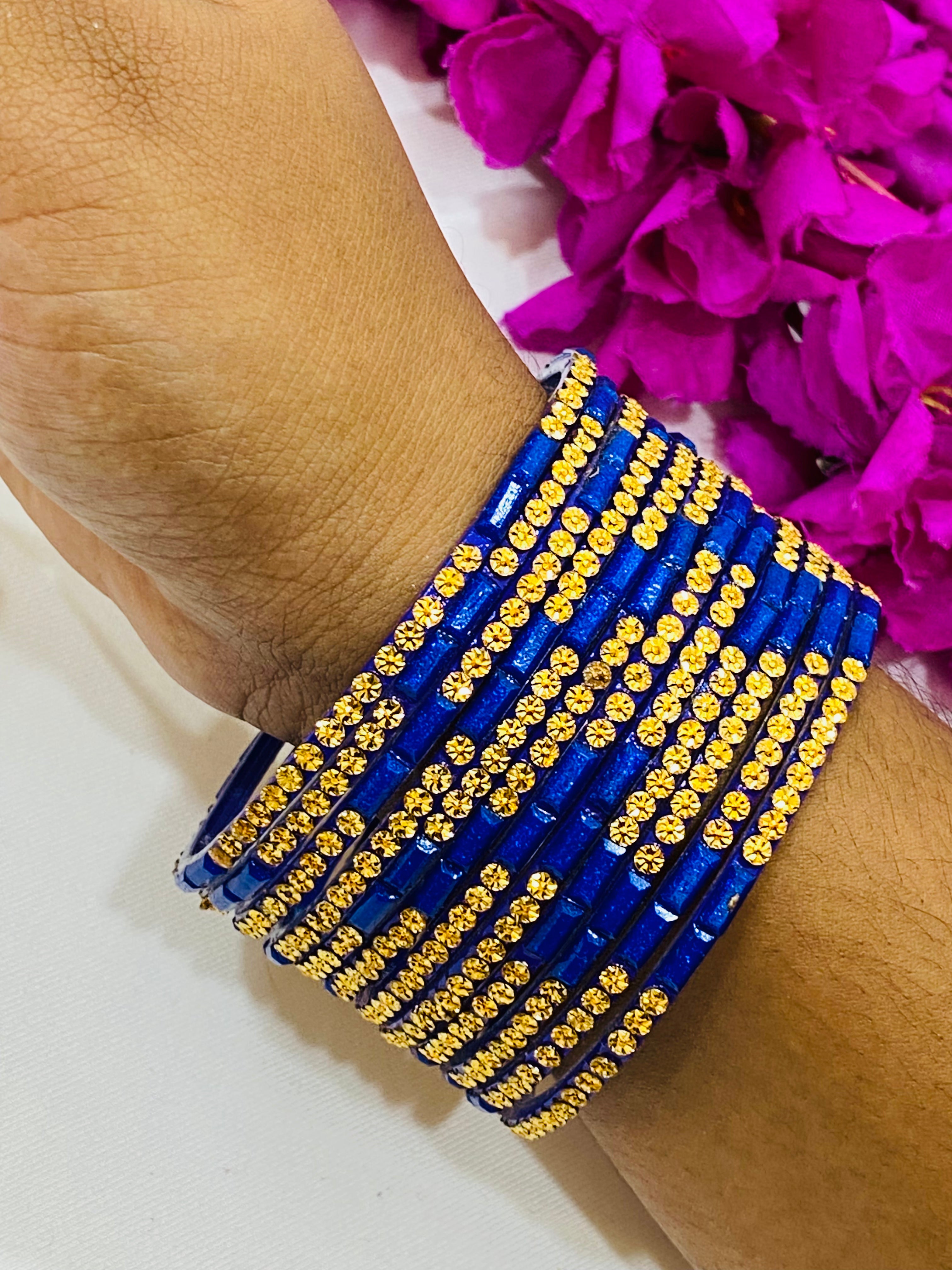 Elegant Blue Stone Design Glass Bangles for Women - Perfect for Weddings, Parties & Fashion Accessories
