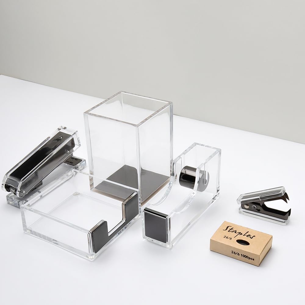 6-Piece Black Acrylic Desk Organizer Set - Stapler, Tape Dispenser, Pen Holder, Sticky Note Holder, Staples Remover with 1000 Staples - Modern Office Supplies for Home & Workspace Organization