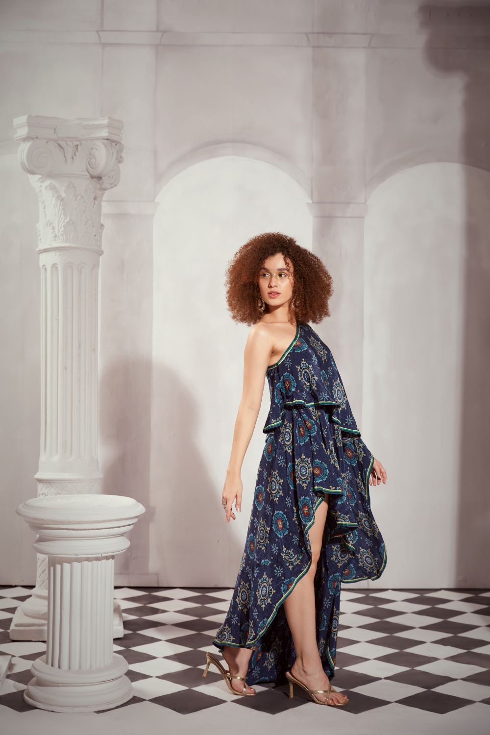Elegant Blue Mosaic One Shoulder Dress for Women - Summer Beach Party & Cocktail Evening Wear