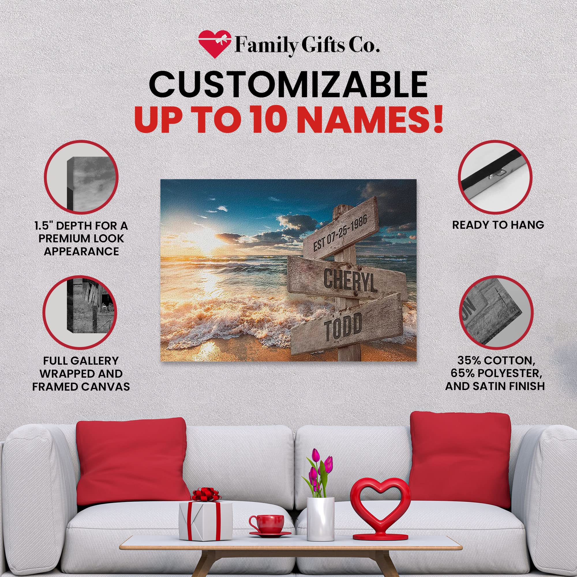 Personalized Ocean Sunset Canvas Wall Art - Custom Multi-Name Family Portrait - Premium Framed Gift for Home Decor (36x24 Inch) - Perfect for Living Room, Bedroom & Anniversary Gifts
