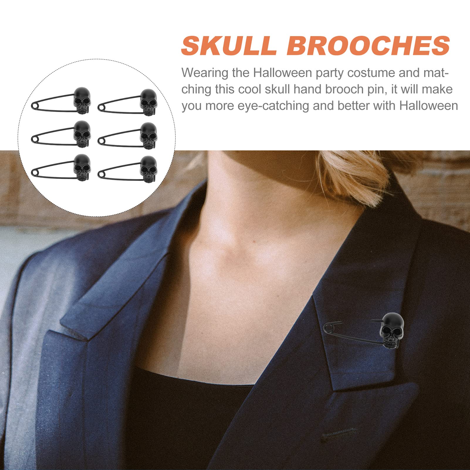 Holibanna 6Pcs Black Skull Head Safety Pins - Zinc Alloy Punk Skull Connector Charms for Blankets, Scarves & Sweaters - Gothic DIY Accessories for Clothing, Bags & Craft Projects