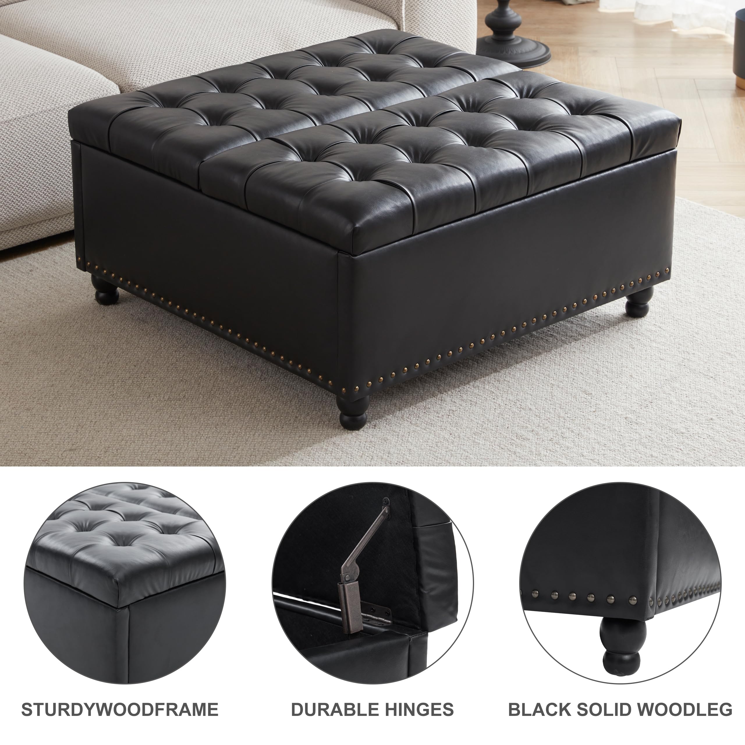 Tbfit Large Square Storage Ottoman Bench - Tufted Upholstered Coffee Table with Hidden Storage | Oversized Multi-Functional Ottoman Toy Box for Living Room, Bedroom & Nursery (Black) - Perfect for Extra Seating, Home Organization & Kids Toy Storage