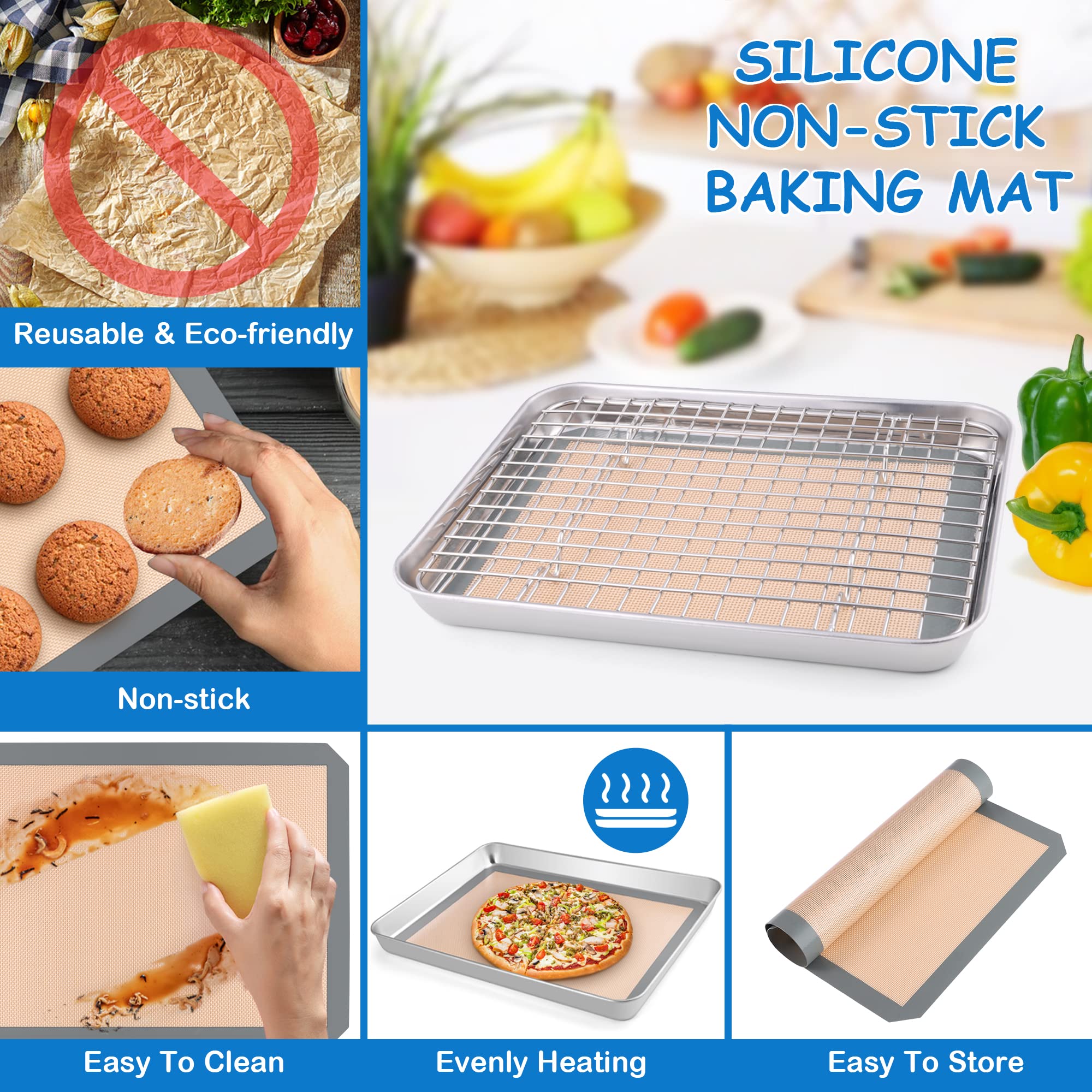 P&P CHEF 3-Piece Stainless Steel Toaster Oven Pan Set with Grid Rack & Silicone Mat - 9 x 7 x 1 Inch Baking Tray, Cooling Roasting Rack, Dishwasher Safe - Perfect for Toasting, Baking, Roasting & Meal Prep in Small Ovens