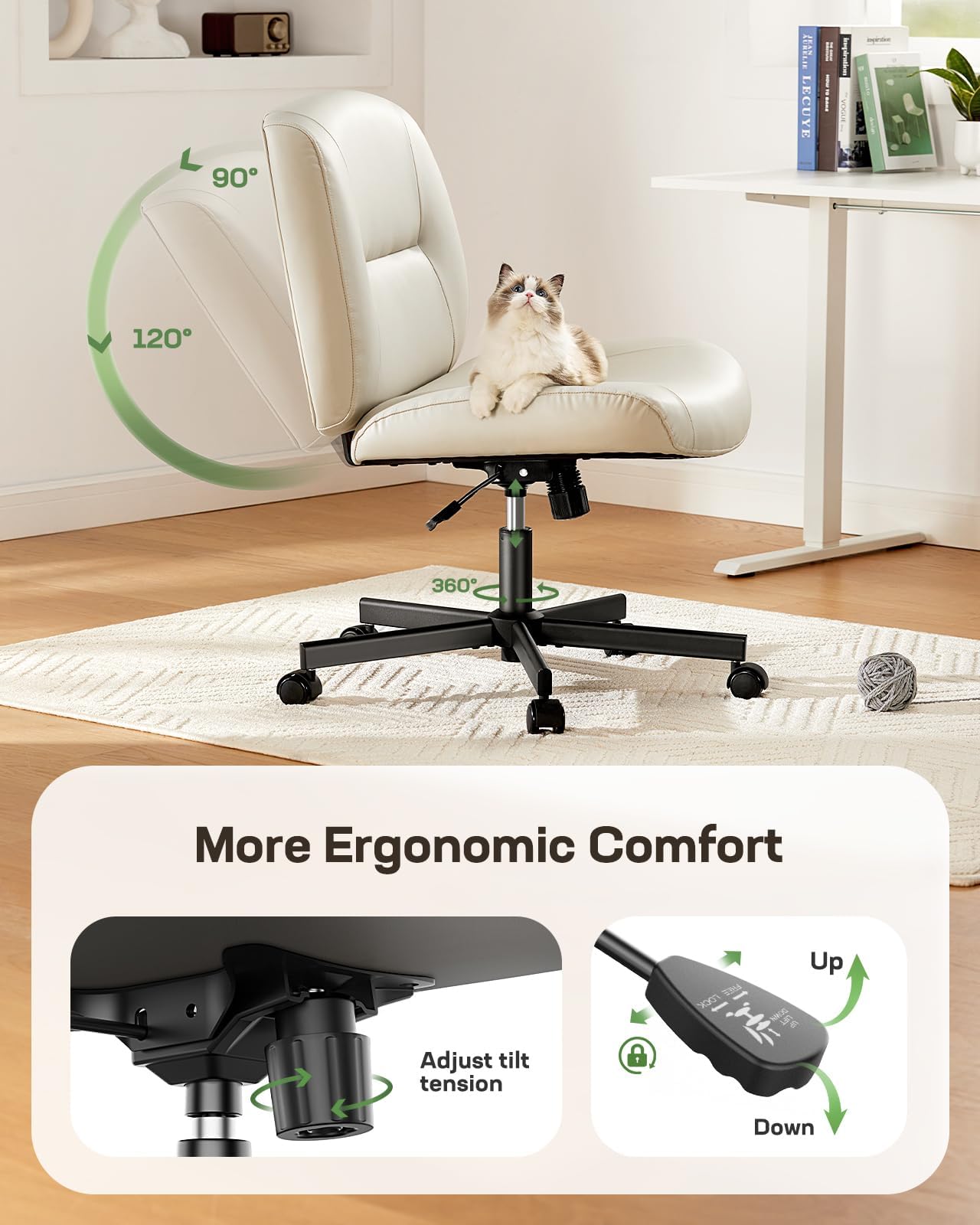 Marsail Criss Cross Chair with Wheels - Wide Mid-Back Armless Office Chair, Scratch-Resistant PVC Leather Cross Legged Desk Chair, Height Adjustable Computer Chair for Home Office - Perfect for Work, Study, and Relaxation