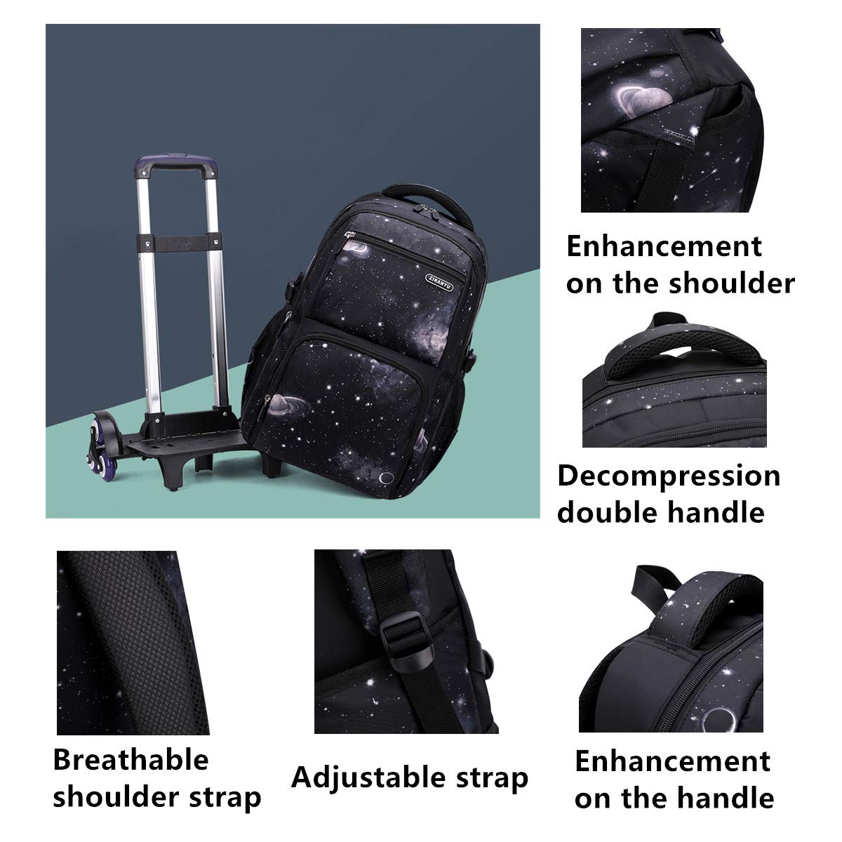 VIDOSCLA Galaxy Rolling Backpack for Kids & Teens - 6-Wheel School Book Bag with Trolley Handle - Perfect for Elementary Students, Boys & Girls - Great for School, Travel & Daily Commute