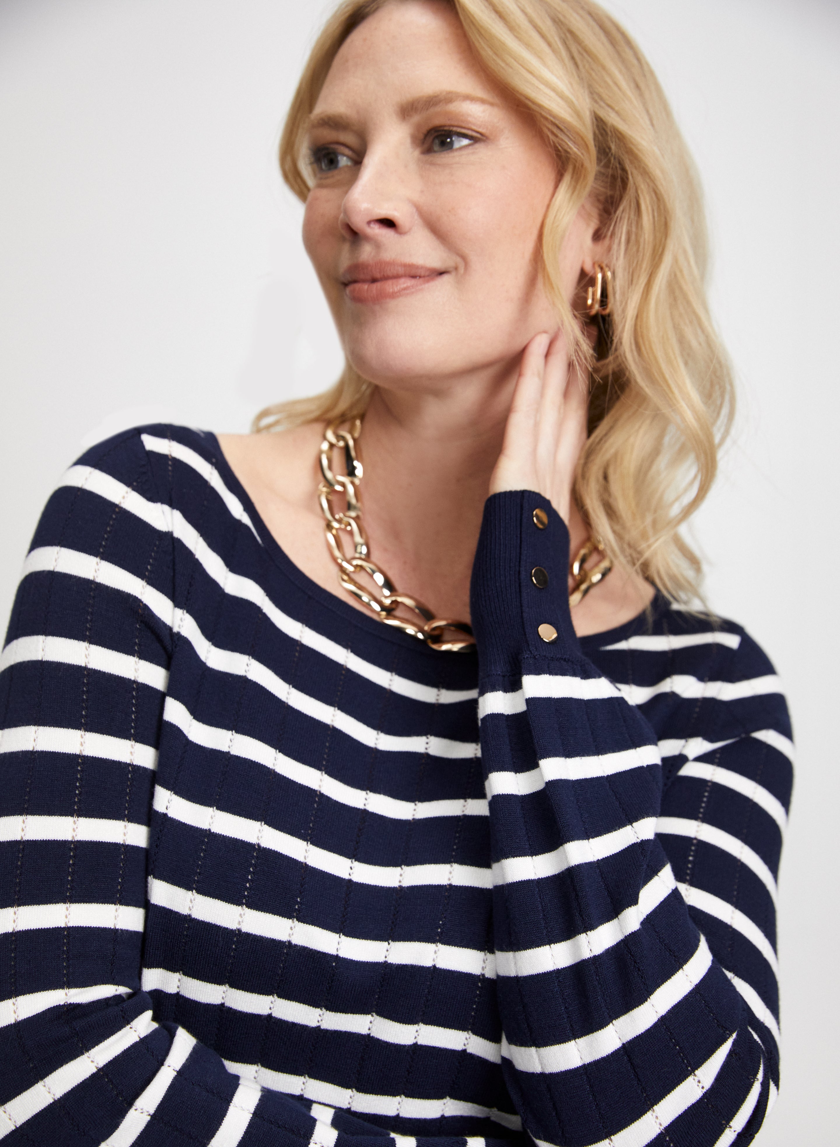 Stylish Striped Sweater with Decorative Buttons | Women's Fashion Knitwear for Casual & Office Wear