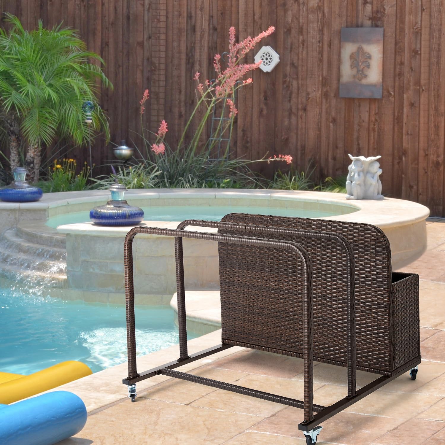 Outdoor Wicker Rattan Pool Float Storage Organizer with Wheels - Waterproof Patio Pool Toy Holder for Noodles, Inflatables & Accessories - Perfect for Backyard, Beach & Poolside Storage (Brown)