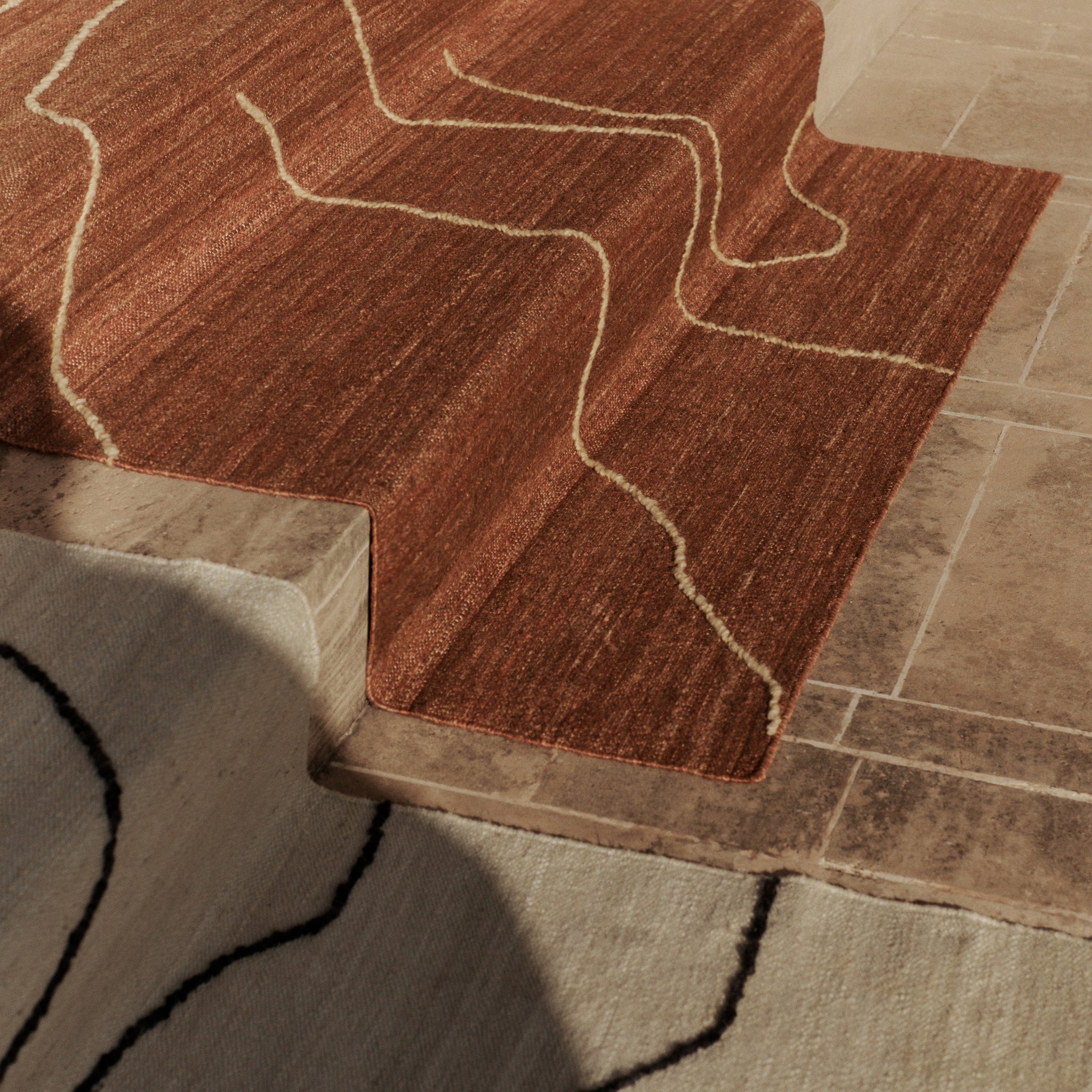 FERM LIVING Gesso Jute Rug 200x300cm - Natural Off White & Dark Fig Bohemian Style Area Rug for Living Room, Bedroom & Dining Room Decor