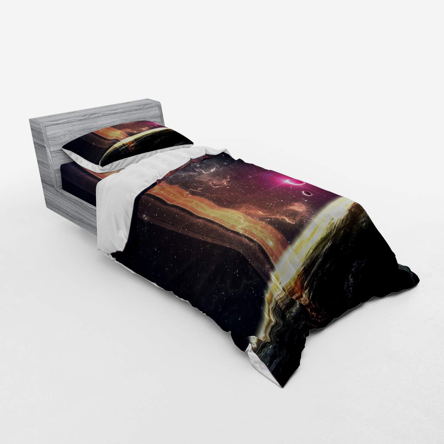 Ambesonne Galaxy Bedding Set - Twin XL 3-Piece Duvet Cover Set with Pillow Sham & Fitted Sheet, Deep Space Planets Nebula Stars Sci-Fi Print, Dark Grey Magenta - Perfect for Astronomy Lovers & Space-Themed Bedrooms