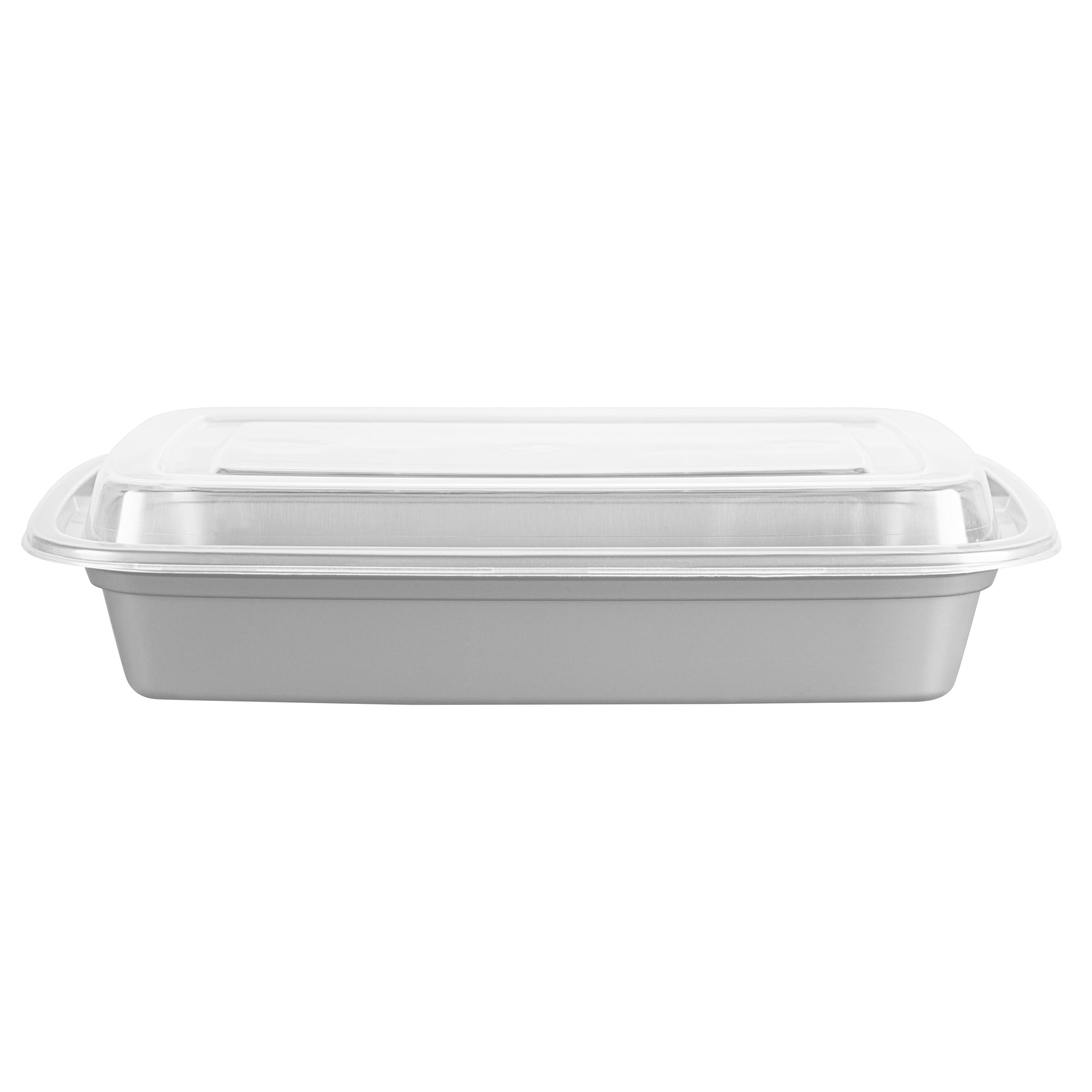 28 oz Rectangle Silver Plastic To-Go Food Containers with Clear Lids - Microwave Safe, 8.75