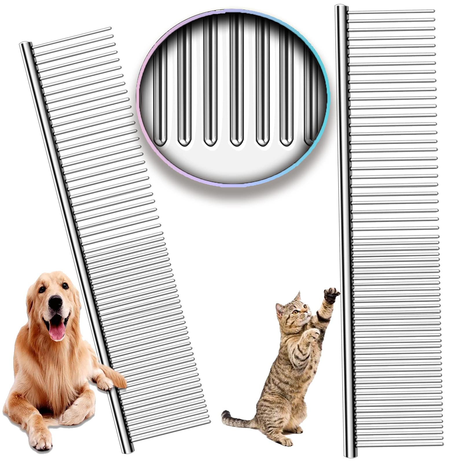 Professional Stainless Steel Dog & Cat Grooming Comb - 2 Pack Metal Pet Comb with Rounded Ends for Long & Short Matted Hair (7.48