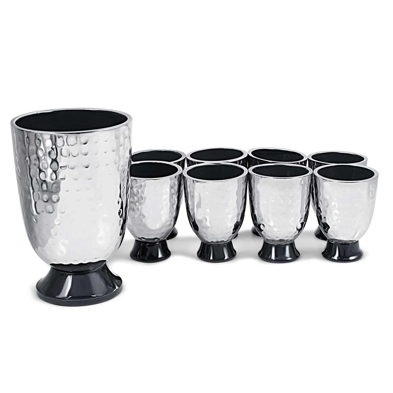 Elegant Hammered Metal Kiddush Cup Wine Fountain Set with Enamel Detailing - Large Goblet & 8 Matching Shot Cups - Perfect for Shabbat, Passover, Jewish Holidays & Wedding Gifts - Zion Judaica Grey Judaica Set for Home Celebrations & Religious Ceremonies