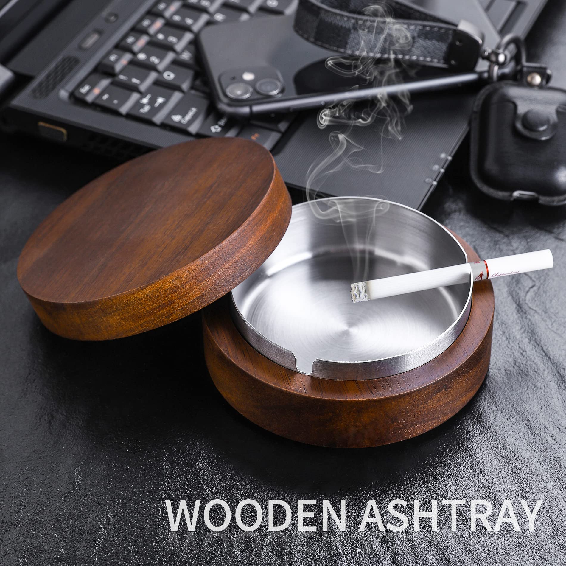 Premium Wooden Ashtray with Lid & Stainless Steel Liner - Windproof, Durable & Easy to Clean Smoking Accessory for Indoor/Outdoor Use - Perfect for Home, Office, Patio, Camping & Travel