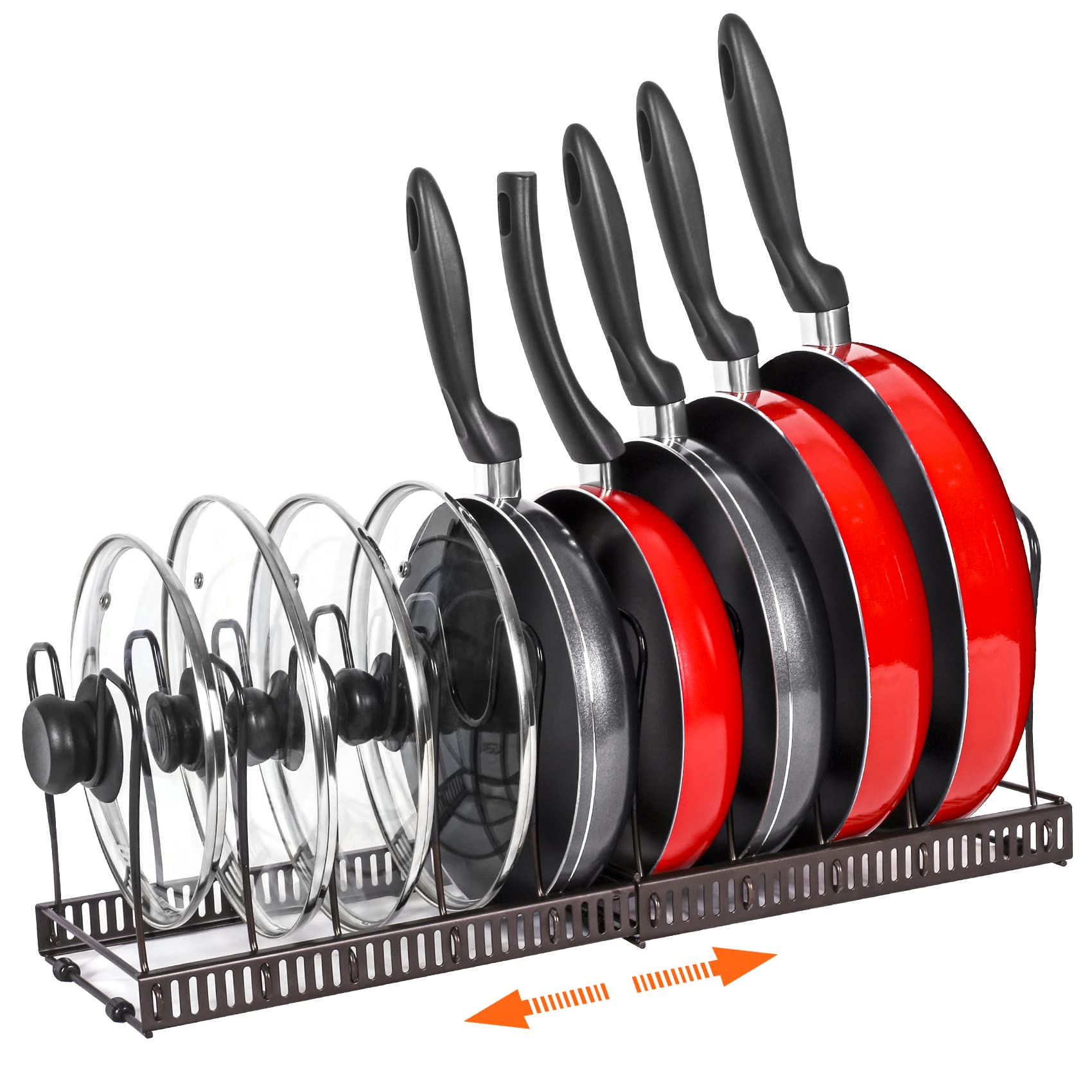 Expandable Pot and Pan Organizer Rack for Kitchen Cabinet - 10 Adjustable Compartments Cookware Storage with Lid Holder, Bronze - Perfect for Organizing Pots, Pans, and Baking Sheets in Small Spaces