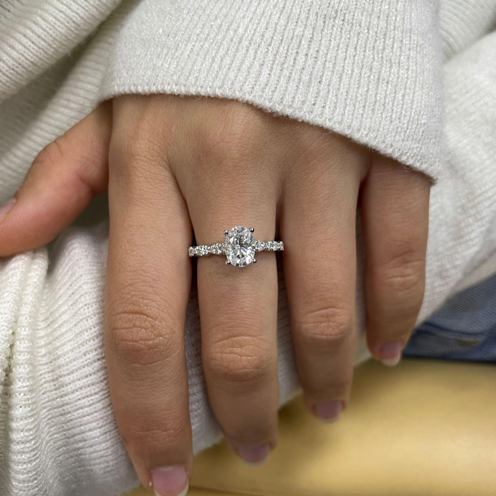 Moissanite Engagement Ring for Women - Oval Solitaire Halo CZ Wedding Band for Bridal Jewelry & Travel