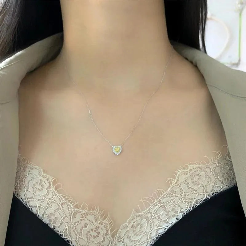 18K Solid White Gold Necklace with Real Yellow Diamond Heart Pendant - Halo Design for Women, Perfect Birthday Gift for Her | Elegant Jewelry for Anniversaries, Valentine's Day & Special Occasions