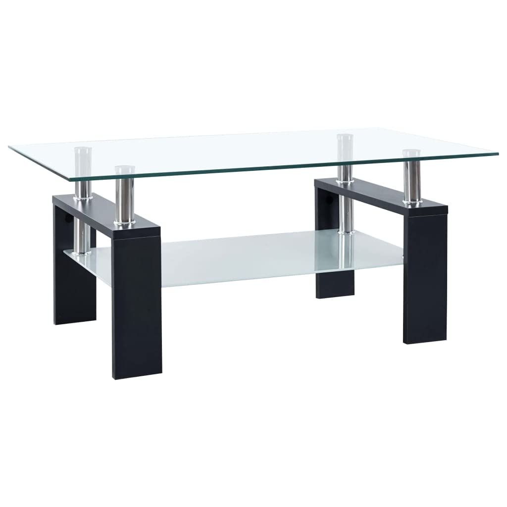 Modern Black & Transparent Tempered Glass Coffee Table with Melamine Legs - 2-Tier Design, Easy to Clean, 37.4