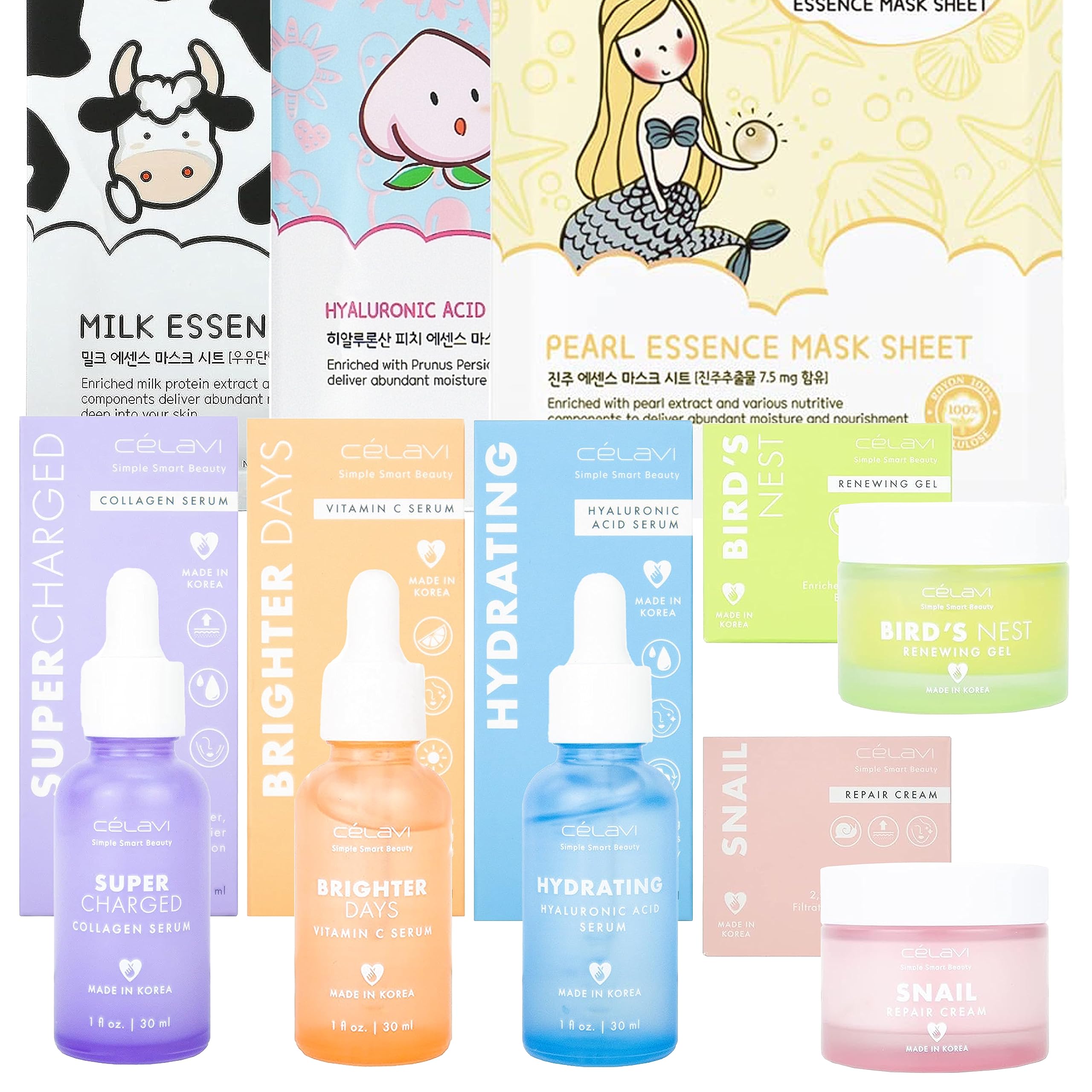 Korean Skincare Bundle - Celavi Vitamin C Serum, Hyaluronic Acid, Bird’s Nest Gel, Snail Mucin Essence & Collagen Cream for Anti-Aging, Brightening & Wrinkle Reduction | Complete Facial Care Routine for Glowing Skin