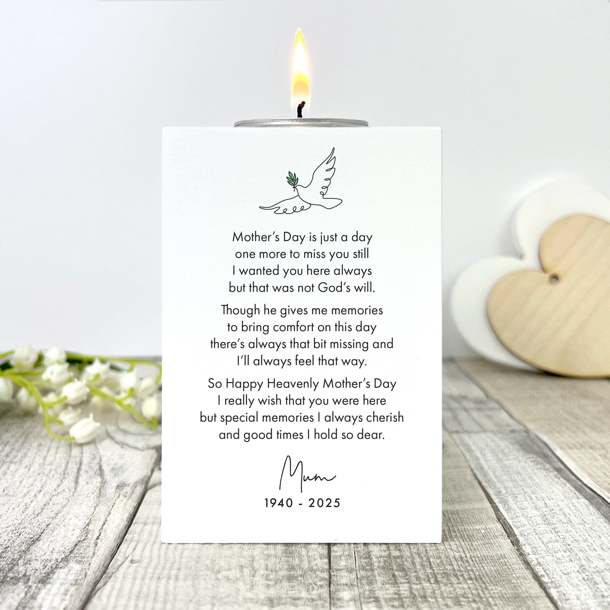 Personalized Happy Heavenly Mother's Day White Tea Light Holder - Memorial Candle Holder for Mom - Perfect for Remembrance, Graveside Decor & Home Memorials