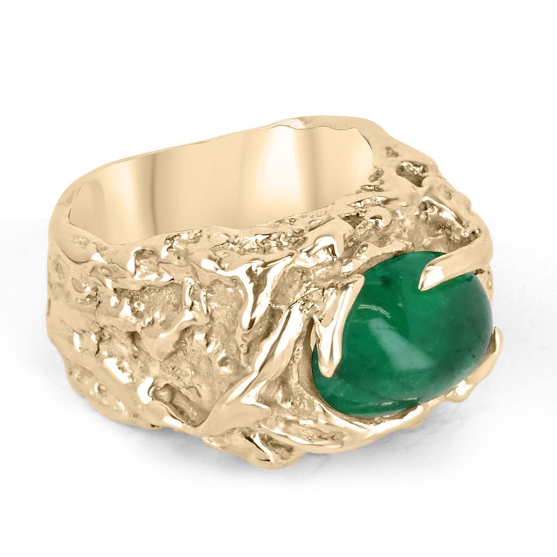 4.82ct 14K Gold Nugget Dark Vivid Emerald Cabochon Ring for Men - Unisex Pinky Ring for Casual Wear & Special Occasions