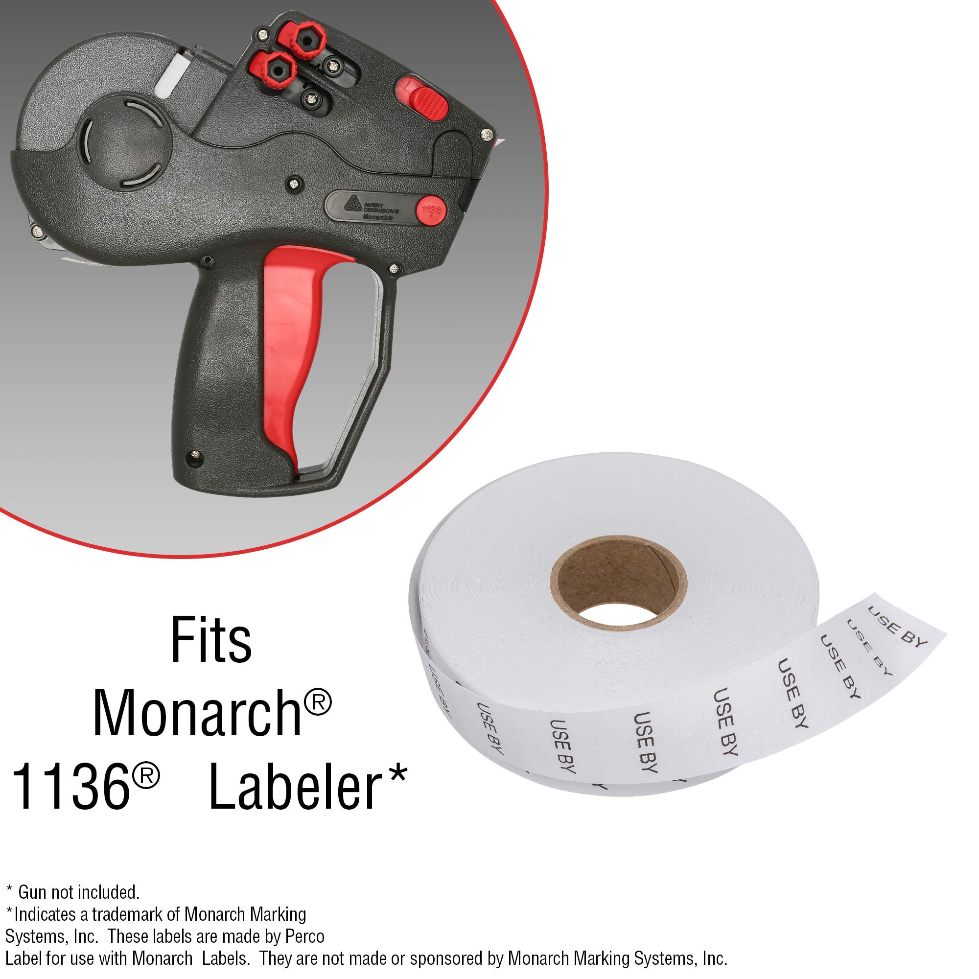 Perco USE by Labels for Monarch 1136 Price Gun - 8 Rolls (14,000 Marking Labels) with Bonus Ink Roll - Retail Pricing, Inventory Labeling & Warehouse Organization