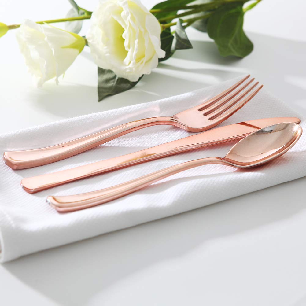 300-Piece Rose Gold Plastic Cutlery Set & 100-Piece Rose Gold Plastic Plates - Elegant Disposable Tableware for Weddings, Parties, and Special Events