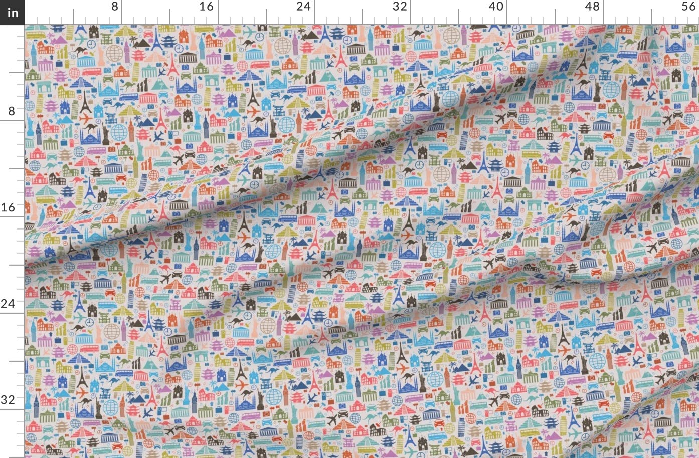 Premium Spoonflower Fleece Fabric - Travel Grey Japan Paris London Print by The Yard - DIY Sewing Blankets, Loungewear & No-Sew Projects - Perfect for Home Decor, Baby Blankets & Cozy Winter Crafts