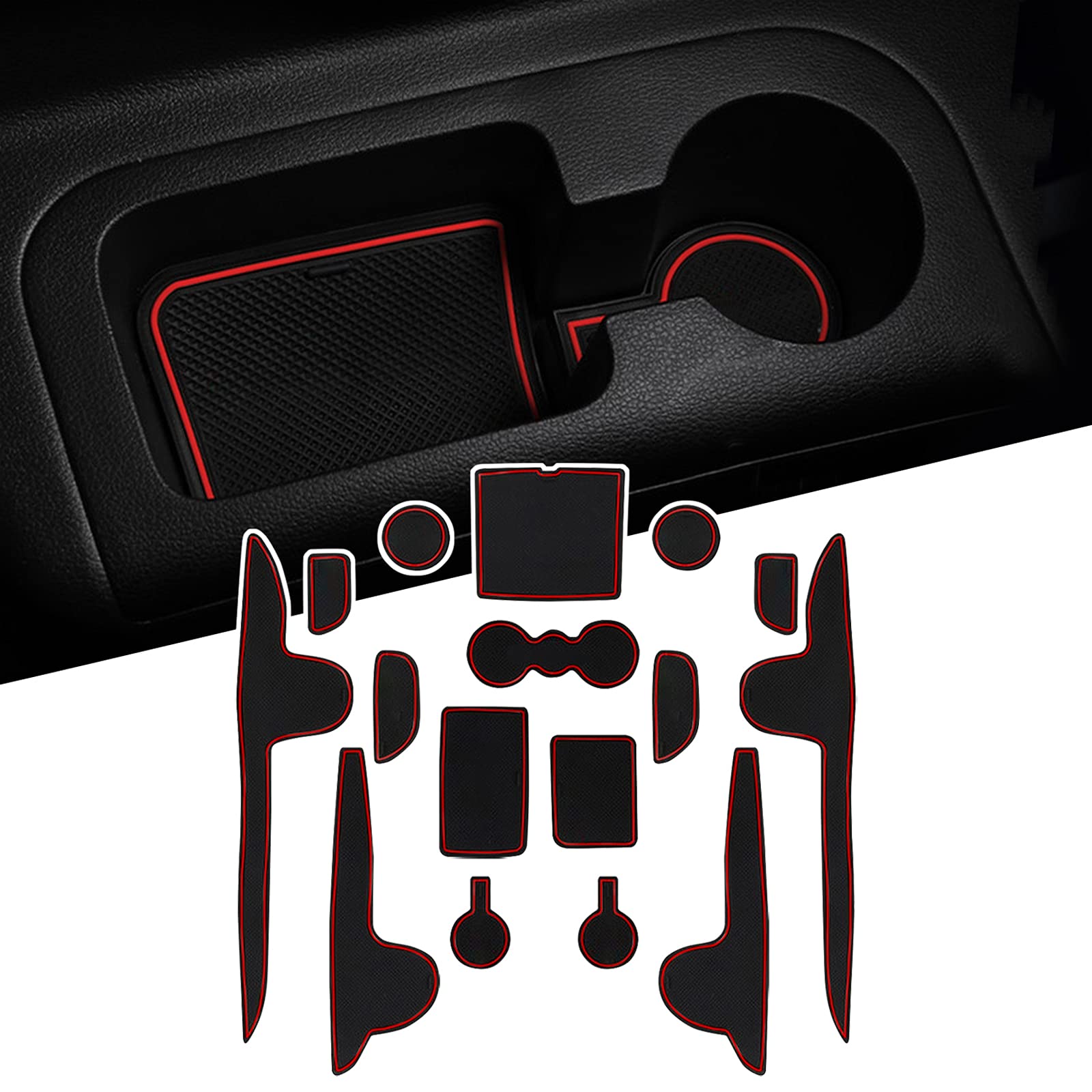 Non-Slip Car Interior Door Slot Mats & Cup Holder Pads for 2021+ Hyundai Santa Fe - Premium Rubber Groove Mat Cushions (Red) | Perfect for Protecting Your Vehicle Interior from Scratches and Spills