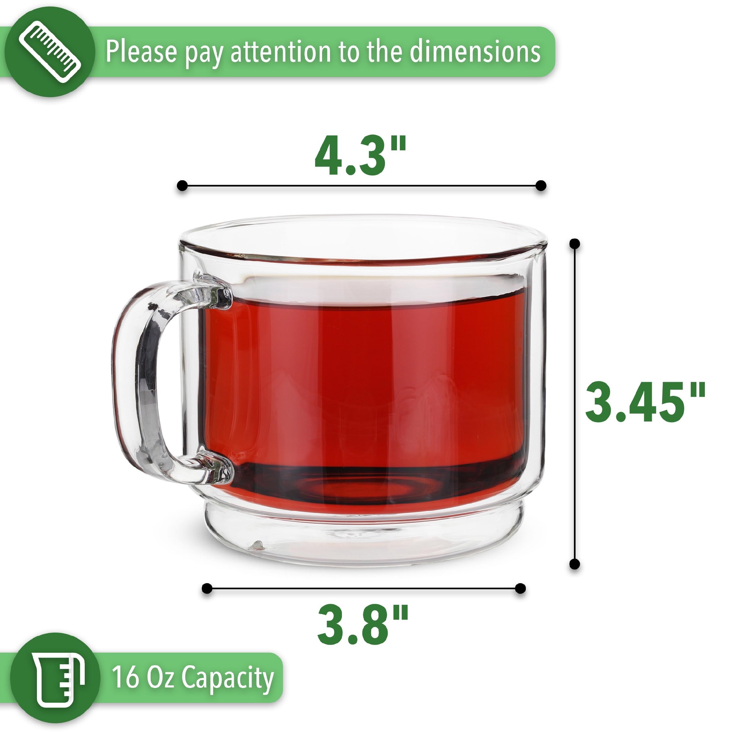 BTaT Stackable Insulated Coffee Mugs - Set of 4 (16oz/500ml) Double Wall Glass Cups for Coffee, Tea & Latte - Clear Glass Coffee Mugs for Home, Office & Travel - Perfect for Hot & Cold Beverages