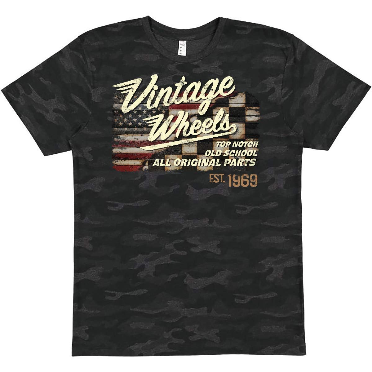 Vintage Wheels American Racing Flag Graphic T-Shirt - Retro Car Enthusiast Tee for Men & Women - Perfect for Racing Events, Car Shows, and Casual Wear