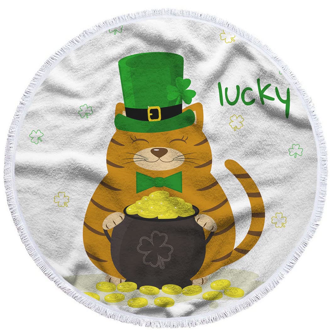 Beabes St. Patrick's Day Cat Beach Towel - Cute Kitty with Leprechaun Hat & Gold Coins - 63 Inch Large Round Bath Towel for Travel, Picnic, Beach, Pool, and Summer Outdoor Activities