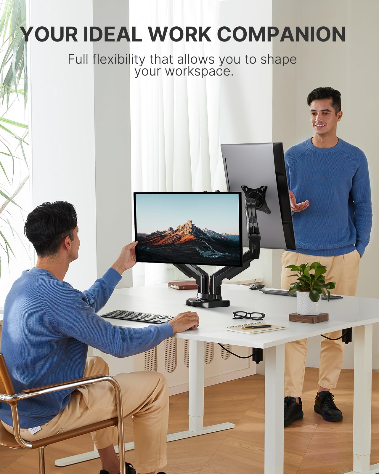 HUANUO Dual Monitor Stand - Full Adjustable VESA Mount with C-Clamp & Reinforcement Plate for Thin & Glass Desktops - Perfect for Home Office & Gaming Setup
